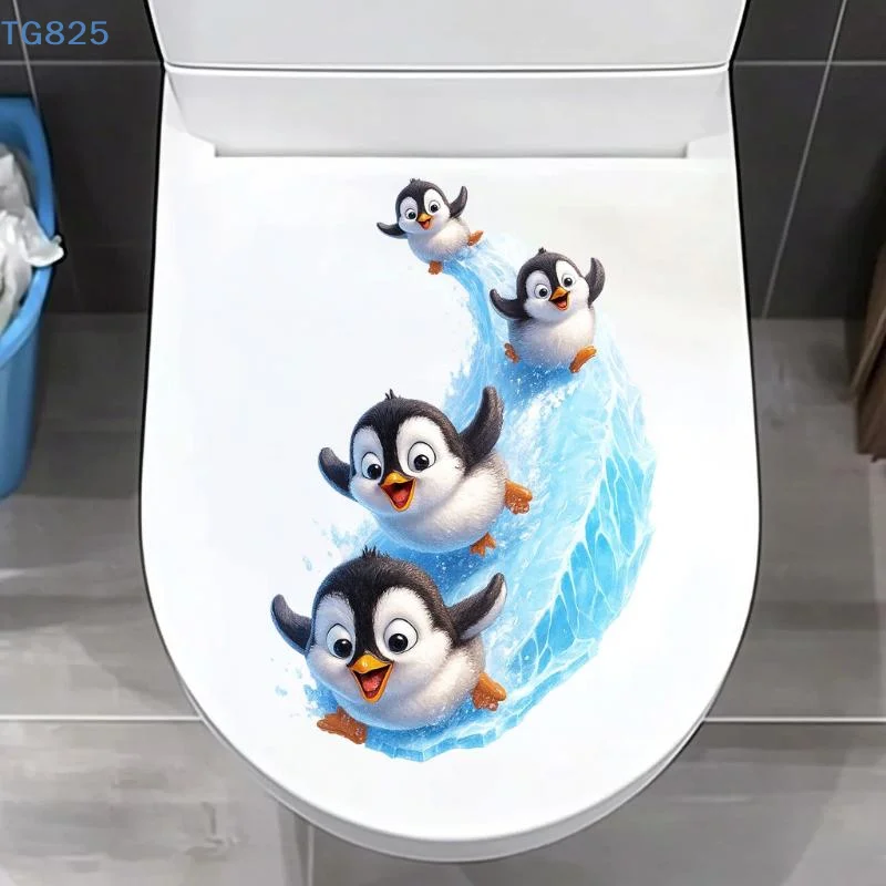 【AN】Cute Sliding Penguins Toilet Decoration Sticker Waterproof Self-Adhesive Bathroom Home Wall Decal