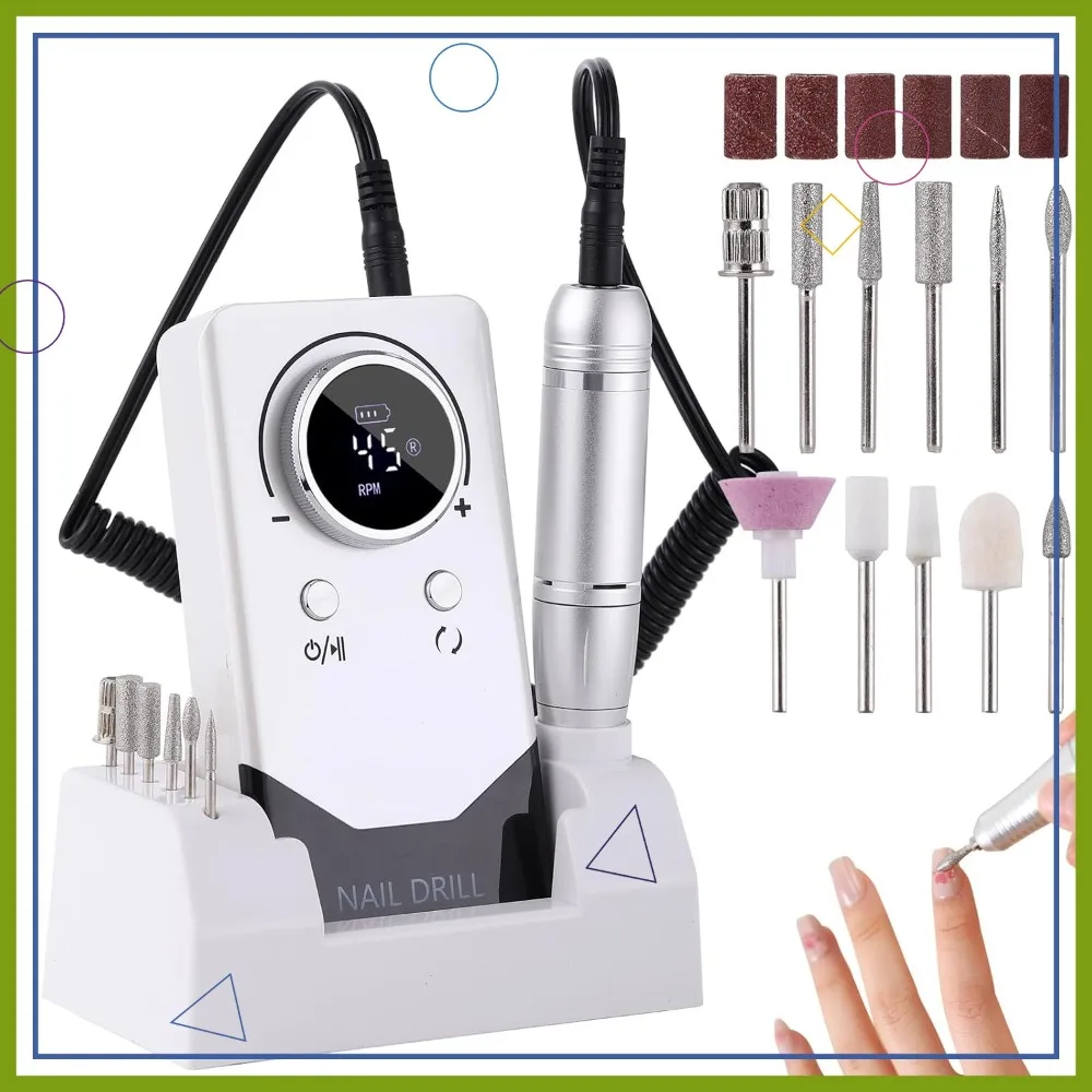 Trapano Elettrico per Unghie 45000 RPM Ricaricabile Portatile con Schermo LCD Intelligente per Manicure e Pedicure Gel Bianco