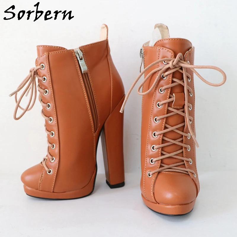 Sorbern Brown Ankle Boots For Women Lace Up Thin Platform Block High Heels Winter Style Warm Plush Short Booties Custom 33-48