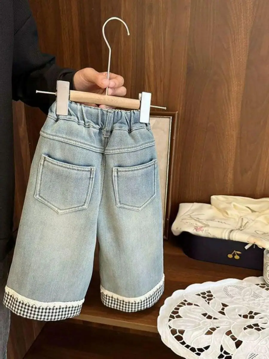 Ultra-Vintage Matte Denim Pants Thiened Inteated Fce Straight Leg Trousers for Baby Girls Autumn Winter Seasonal Wear