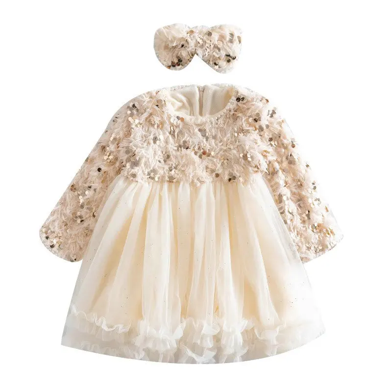 Winter New Girl\'s Dresses 2024 With Tassels Sequins Studded Beads Plush And Thickened Princess Dress Birthday Dress With Bow