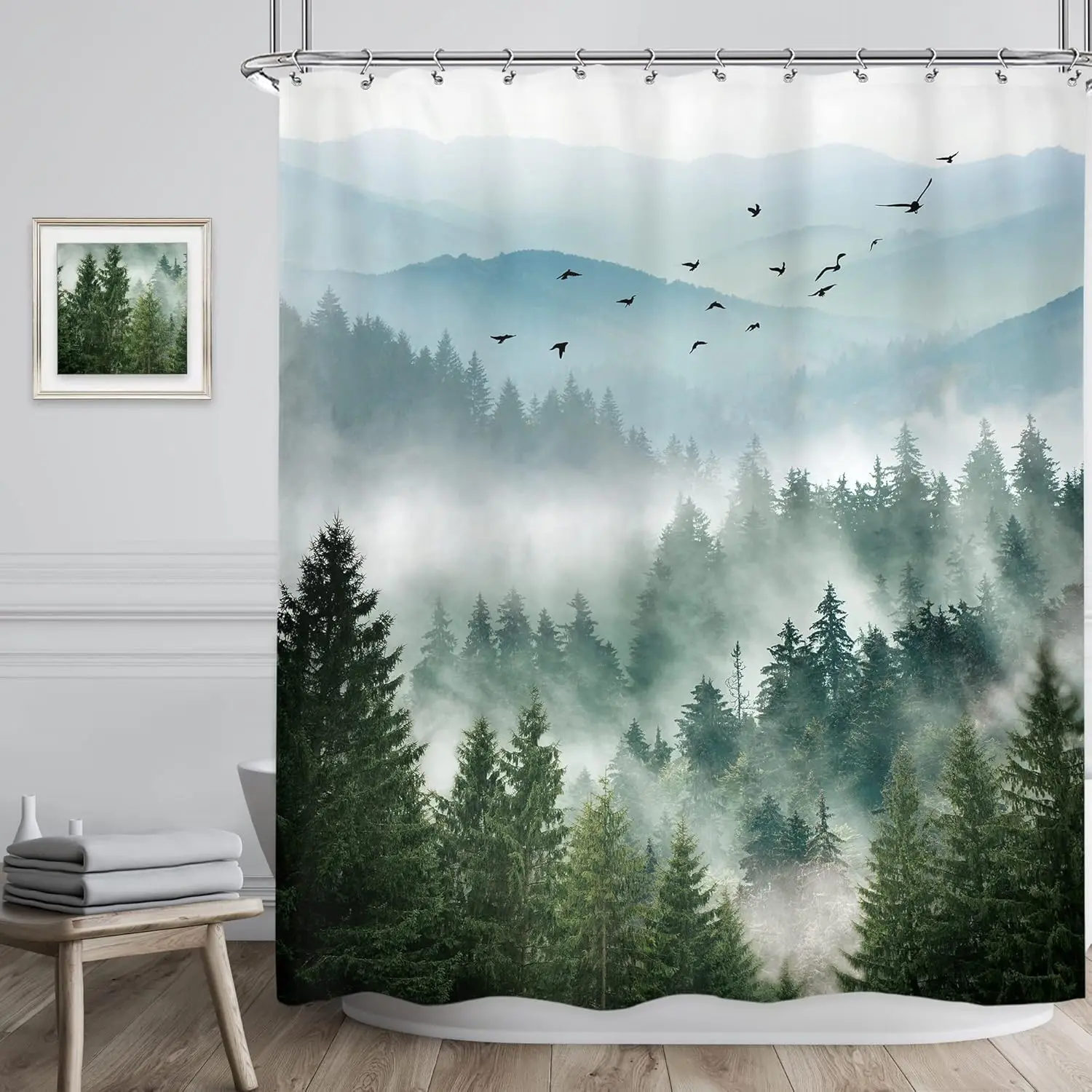 Green Shower Curtain Natural Mountain View Pine Bathroom Decorative Fabric Polyester Waterproof Shower Curtain 180X180CM