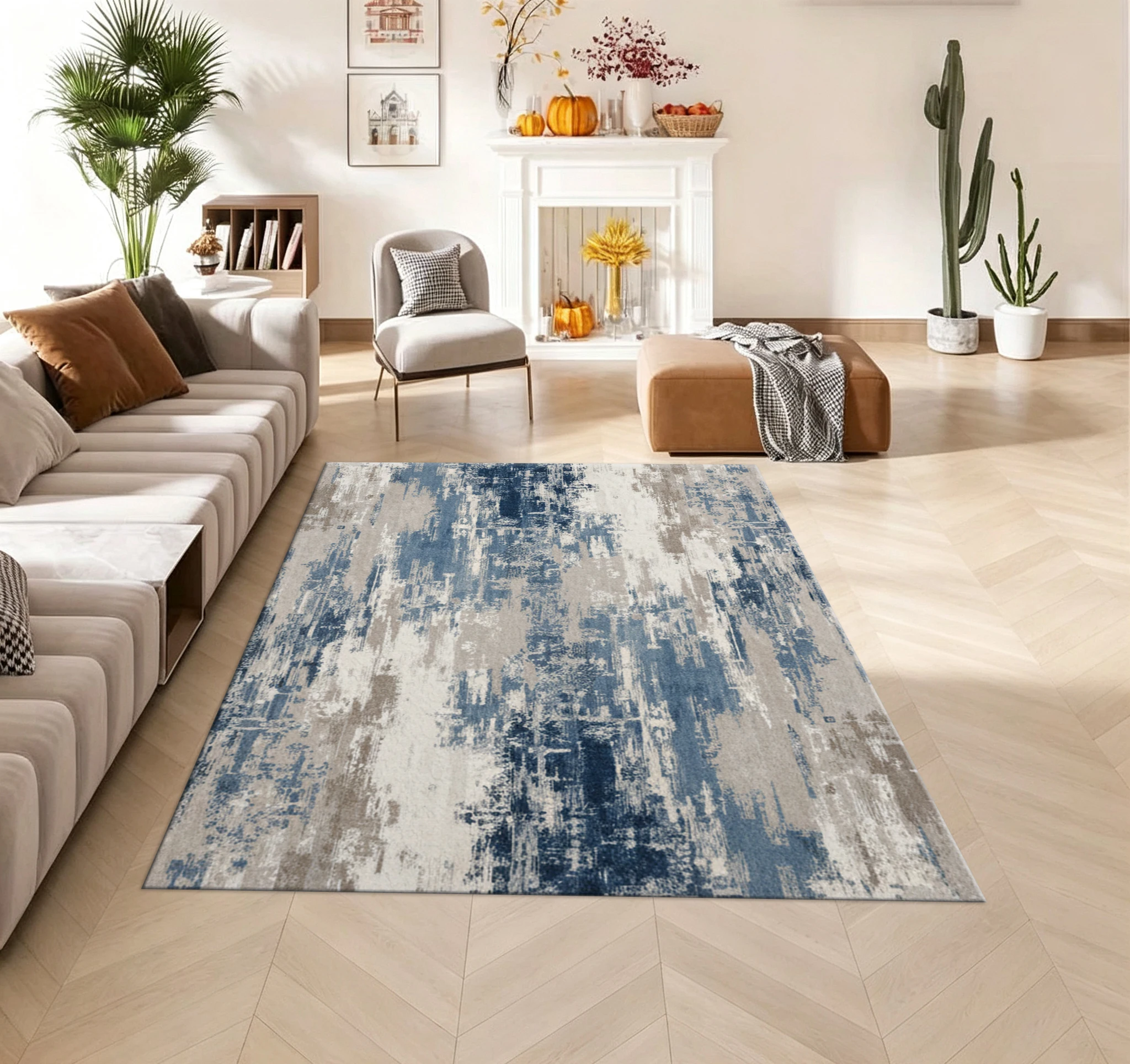 Blue Grey Abstract Art Carpet Flooring Modern Wear‑Resistant Area Rug for Living Room Study Indoor Home Decoration