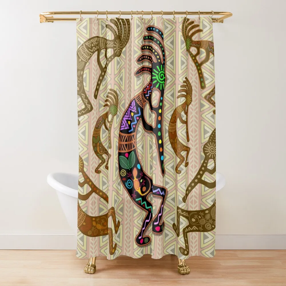 

Kokopelli Rainbow Colors on Tribal Pattern Shower Curtain In The Bathroom Washable Waterproof Fabric Shower Curtain