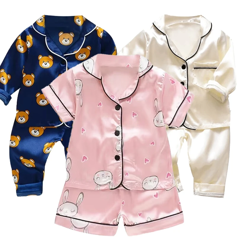 LJW children\'s pajama set solid color long sleeved lapel baby silk satin top and pants set for home decoration baby pajamas