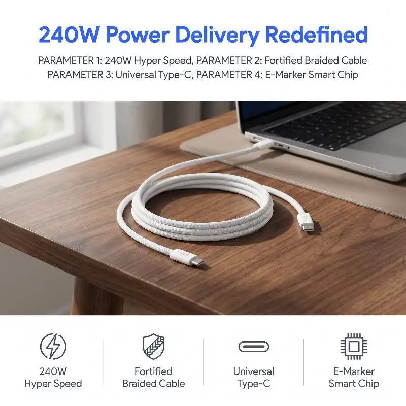 Braided Dual Type C Cable, 240W fast charging. High-speed data cord, universal compatible with mobile phones