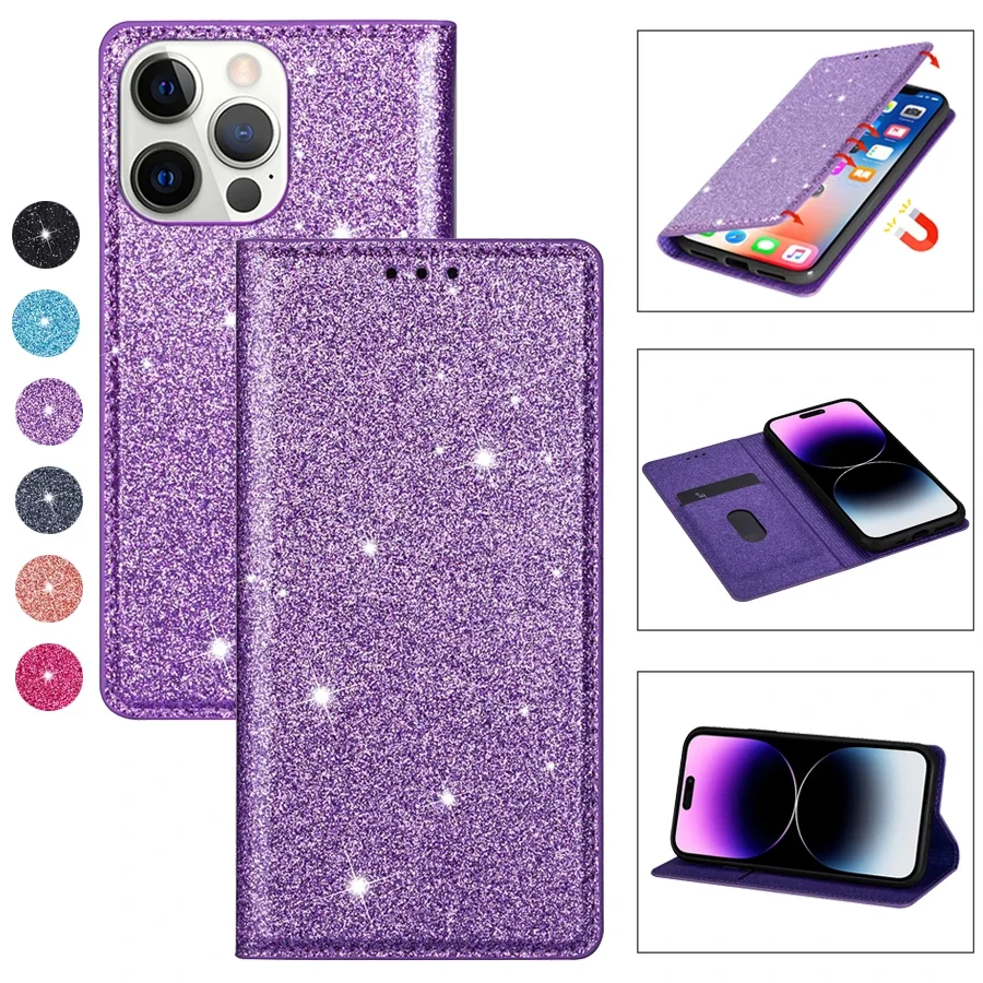 Wallet Bling Glitter Magnetic Flip Suction Leather Case For iPhone 15 14 Pro Max 13 12 11 SE 2022 2020 X XR XS 8 7 6 6s Plus