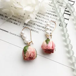 Boucles d'oreilles fleur naturelle unique pour femmes, boucles d'oreilles élégantes, bijoux de déclaration, résine Xy, rose rose, vente en gros