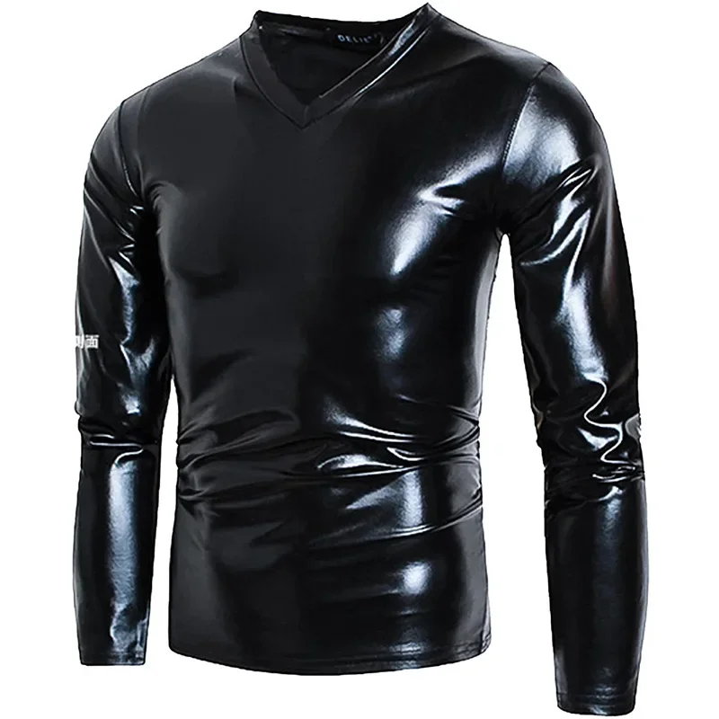 

Mens Sexy Glossy PU Leather Long Sleeve Shirt V-Neck High Shaping Latex Casual PVC Elastic Coat Male Shiny Patent T-shirts 2024
