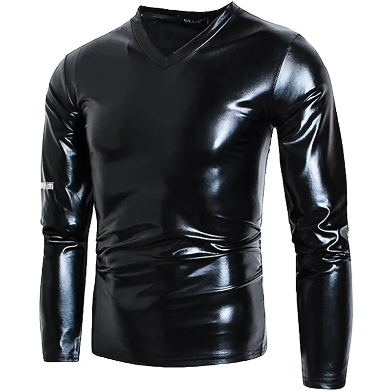 Mens Sexy Glossy PU Leather Long Sleeve Shirt V-Neck High Shaping Latex Casual PVC Elastic Coat Male Shiny Patent T-shirts 2024