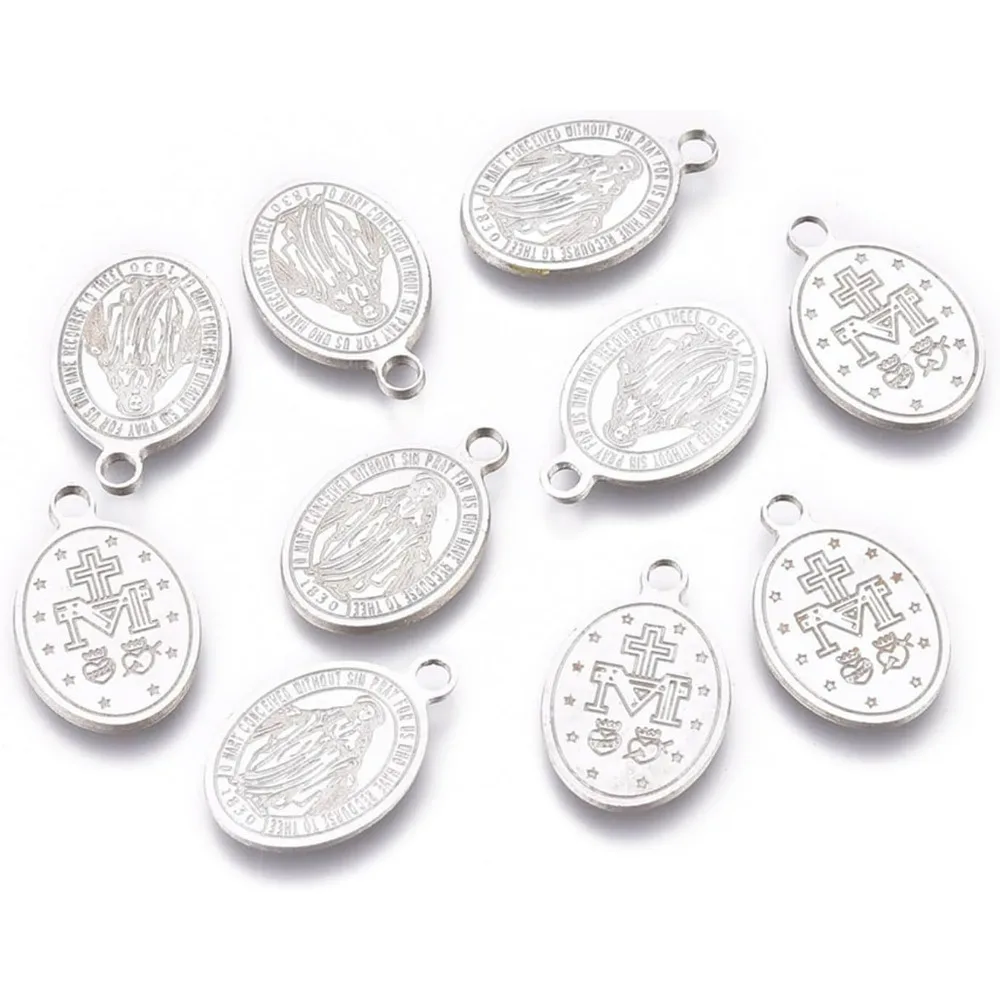 10 pçs pingentes de medalha milagrosa 13.5x8.5x0.6mm oval medalha milagrosa encantos pingentes 304 aço inoxidável metal corte a laser