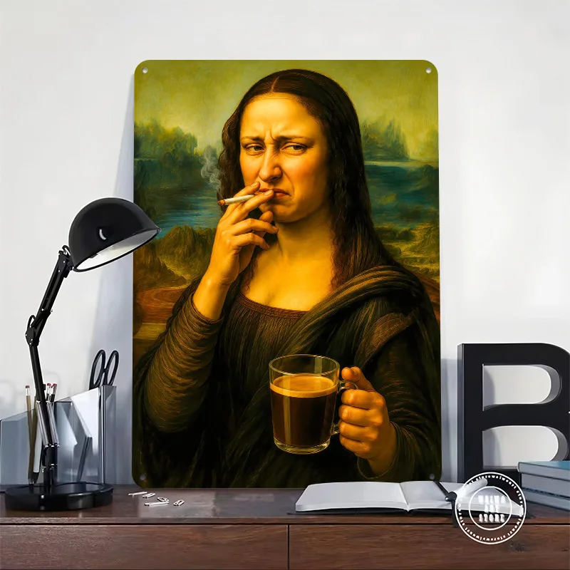 Mona Lisa With Coffee and Cigarette Personalized 3D Textured Metal Poster Wall Art Vintage Tin Signs for Modern Home Decoration