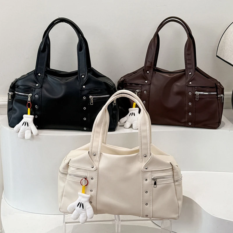 

Large Capacity Soft Leather Tote Bag Retro Casual Multiple Pockets Shoulder Bags Rivet Motorcycle Style Commuter Travel Bag