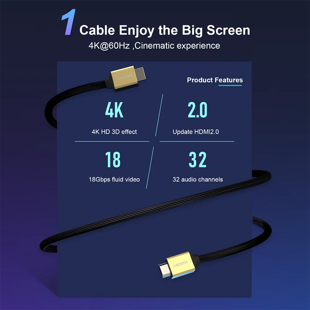 WEWATCH HC021/HC051/HC101 HDMI 2.0 Cable 2M/5M/10M 18Gbps 4K@60Hz for Projector TV Box Ultra High Speed 1080P HDR HDMI cable