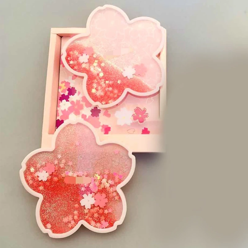 Cherry Blossom Glitter Coasters Silicone Quicksand Flash Sakura Placemat Coffee Cup Mat Non-Slip Insulation Tea Pad Home Decor