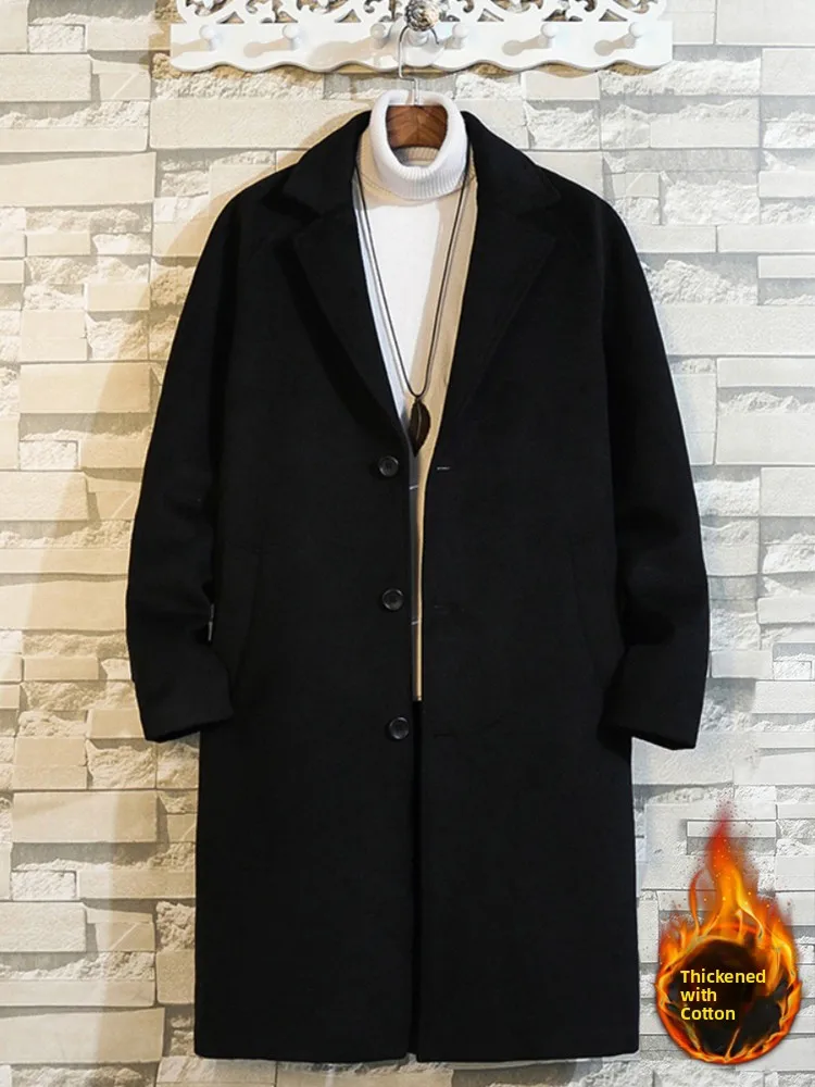 

Autumn Winter Men's Woolen Coat Long Over-Knee Thiened Winter Faion Windbreaker Premium Feel Tweed Outerwear Youth Trend