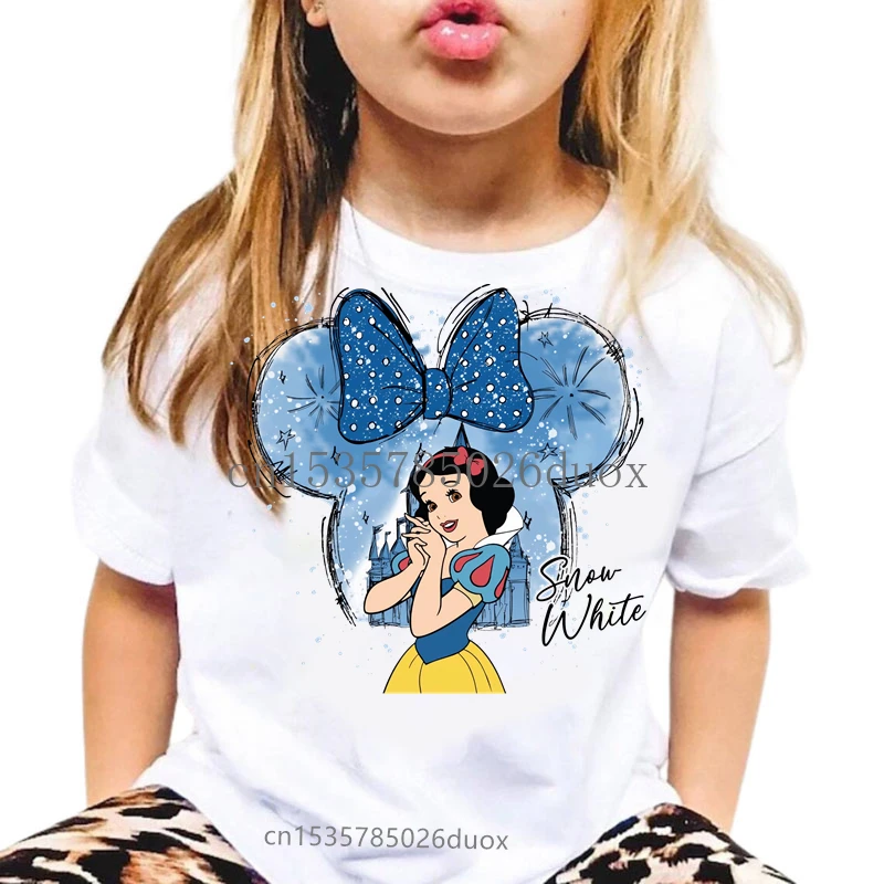 Magical Disney Castle Watercolor Princess Girl T-shirt Belle Ariel Cinderella Aurora Snow White Kawaii Short Sleeved Kid TShirt
