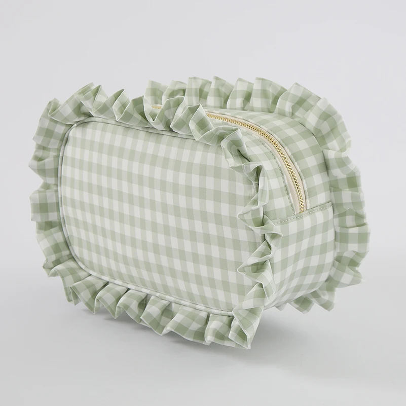 5pcs Makeup Bags Women Polyester Grid Printing With Lace rectangle Protable Travel Storage Bag With Lace