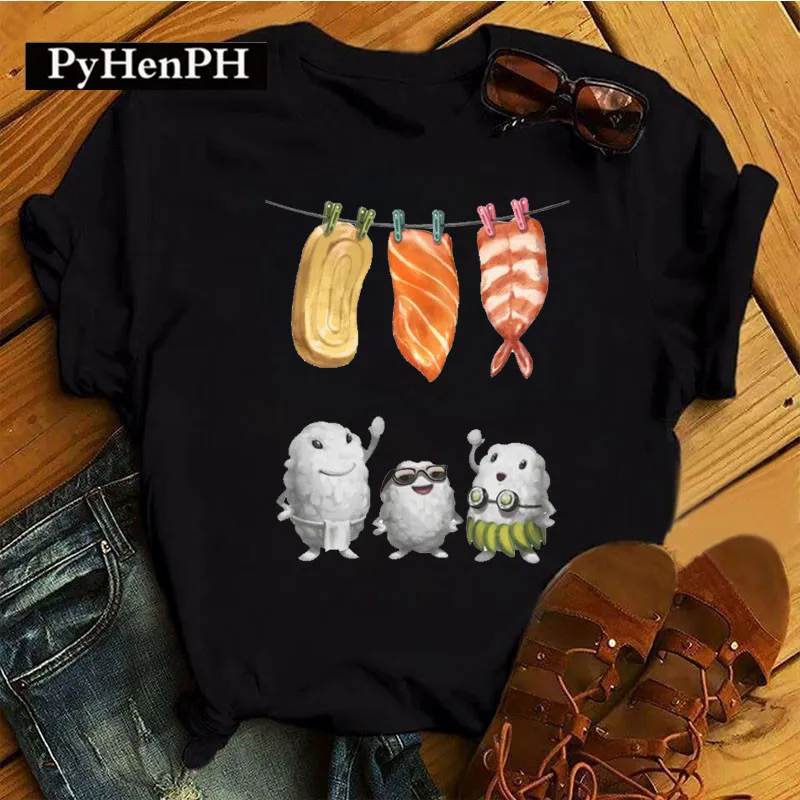 

Cartoon Sushi Graphic Printing Summer Luxury Brand Cotton Men's and Women's T-Shirts Short Sleeves Street Fashion Trend Clothing