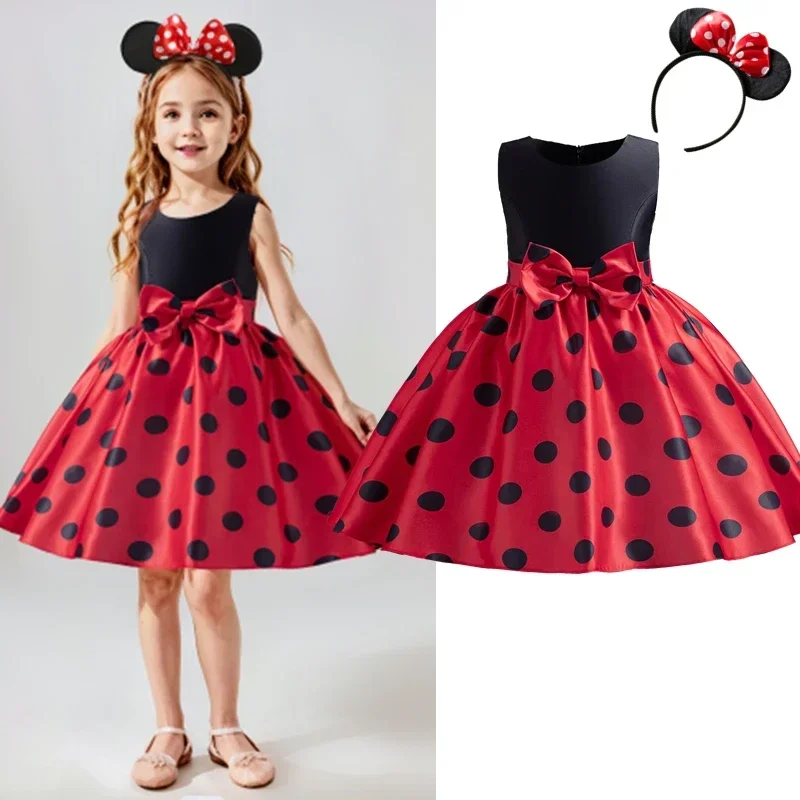 New Kids Girls Dress Polka Dot Sleeveless Dress for 3-8Y Children Bow Birthday Party Princess Dresses Summer Minni Mouse Clothes