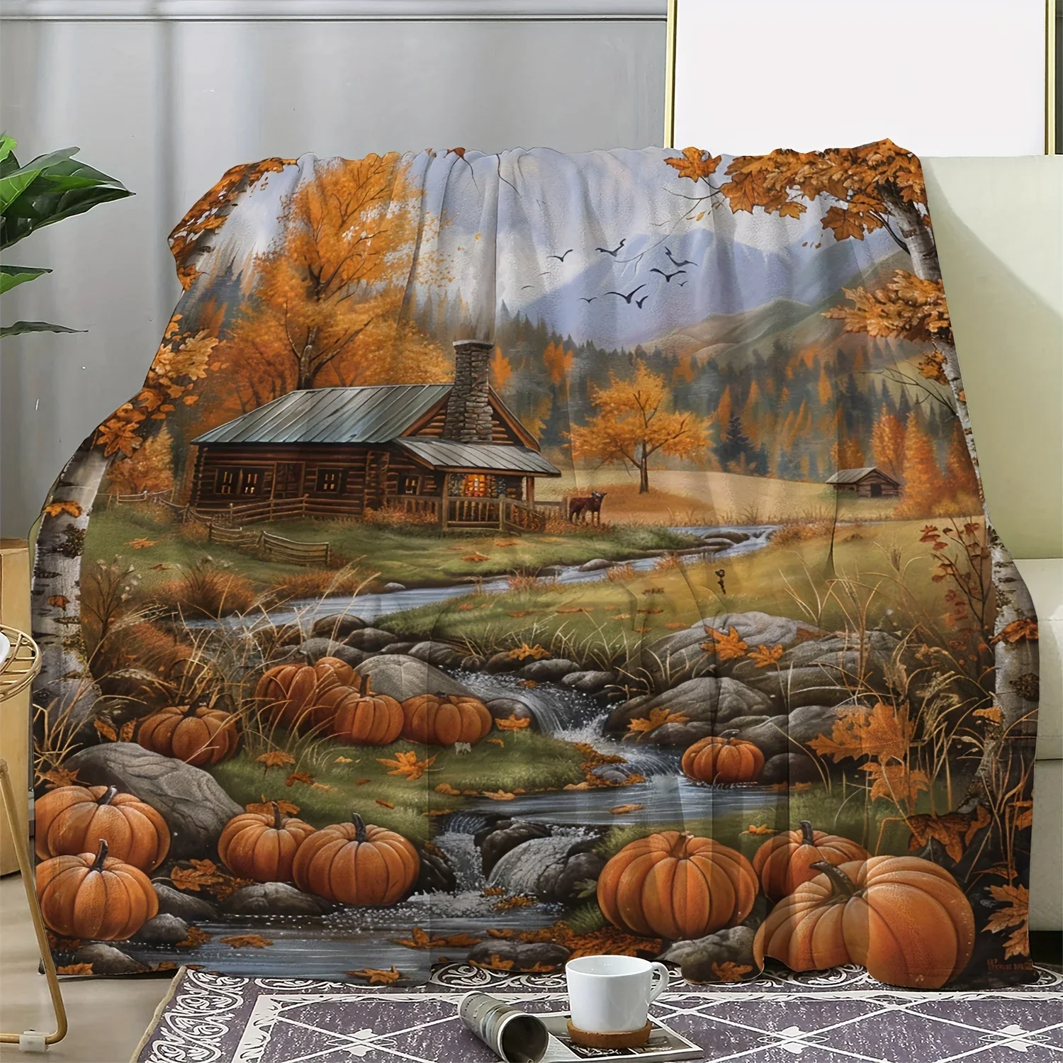 

Cozy Vintage Flannel Throw Blanket with Pumpkin Maple Cabin Print Soft Digital Printed AutumnThemed Blanket for Sofa Bed