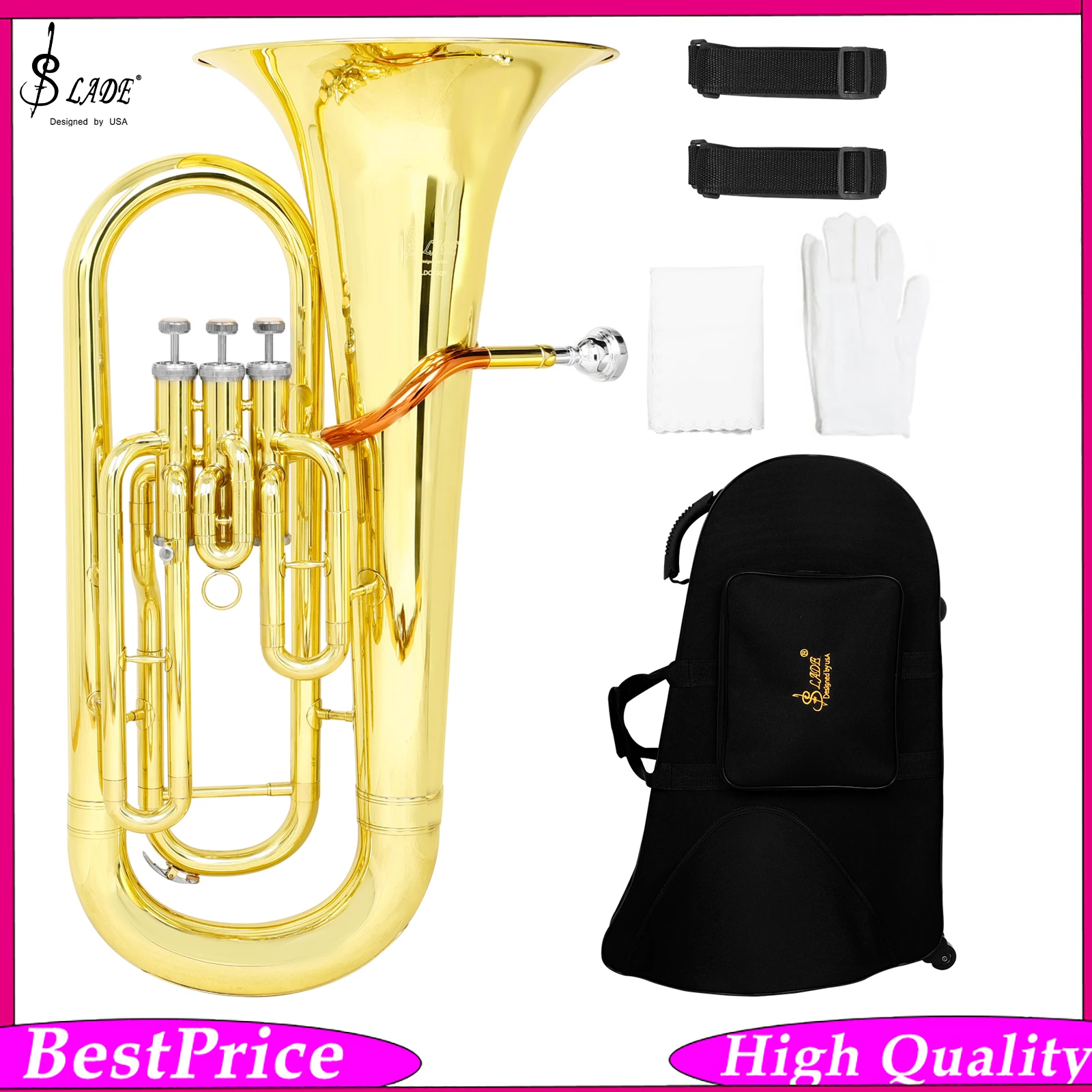 SLADE Bb Euphonium 3-Key Vertical Valve Gold Lacquer Professional Baritone Horn with Case Cleaning Kit And Back Straps