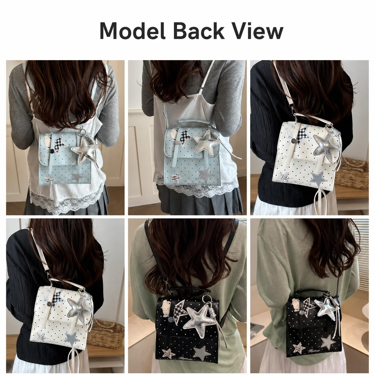 Top Handle Bag Soft Touch Pu Leather Backpack Star Decor Backpack Trendy Polka Dot Backpack For Travel Shopping School