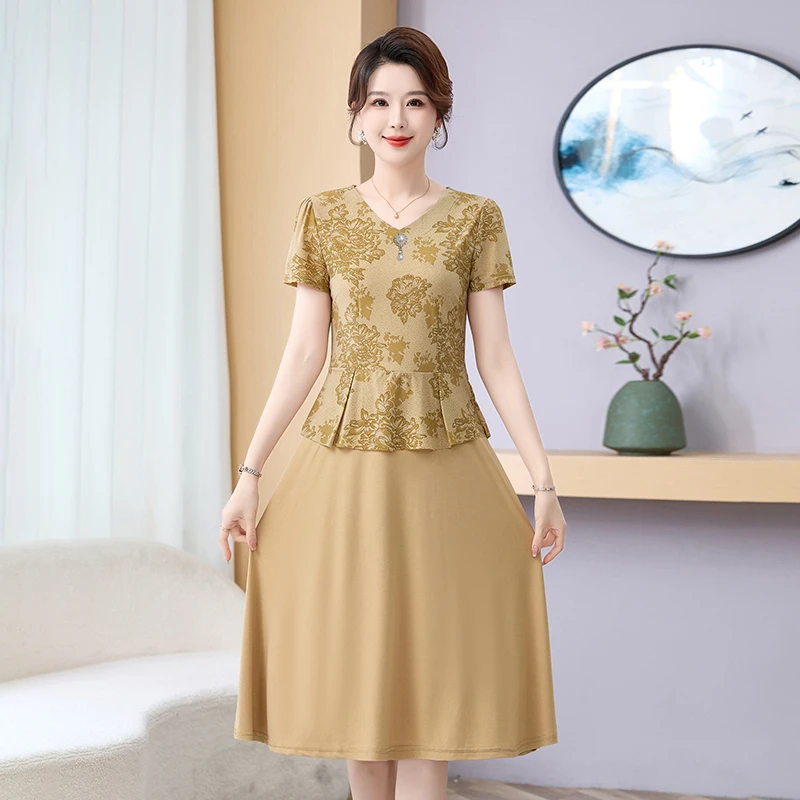 Frauen Blumen Kleid V-ausschnitt Kurzarm Spleißen Kleider Temperament Elegante Weibliche Sommer Chic Midi Robe