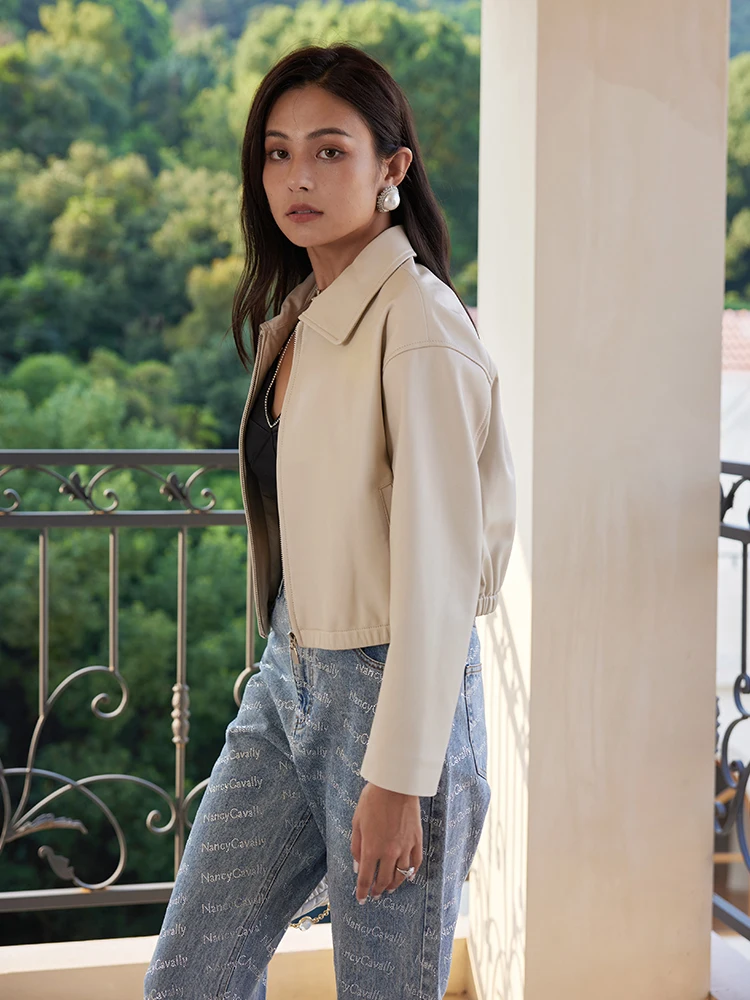 Muralnern Giacca da donna in vera pelle di pecora con colletto quadrato, vestibilità ampia, maniche lunghe, stile casual