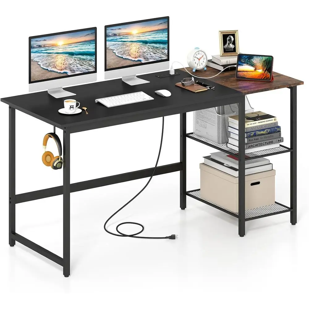 

59 Inch Computer Desk with Charging Station, Home Oice Desk with Hook & 2 Tier Storage Shelves, Industrial ern PC Laptop Desk Co