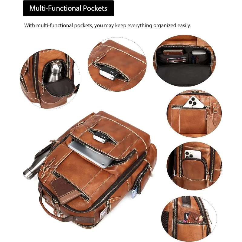 Sac à dos en cuir véritable pour hommes, sac à dos pour ordinateur portable de 15.6 pouces, sac à dos de camping et de voyage de 24L