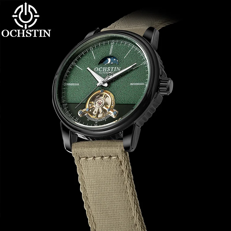 OCHSTIN Man Outdoor Premium Tourbillon Mechanical Watch Men's Flexible Quick-dry Genuine Nylon Strap Moon Phrase Male Clock