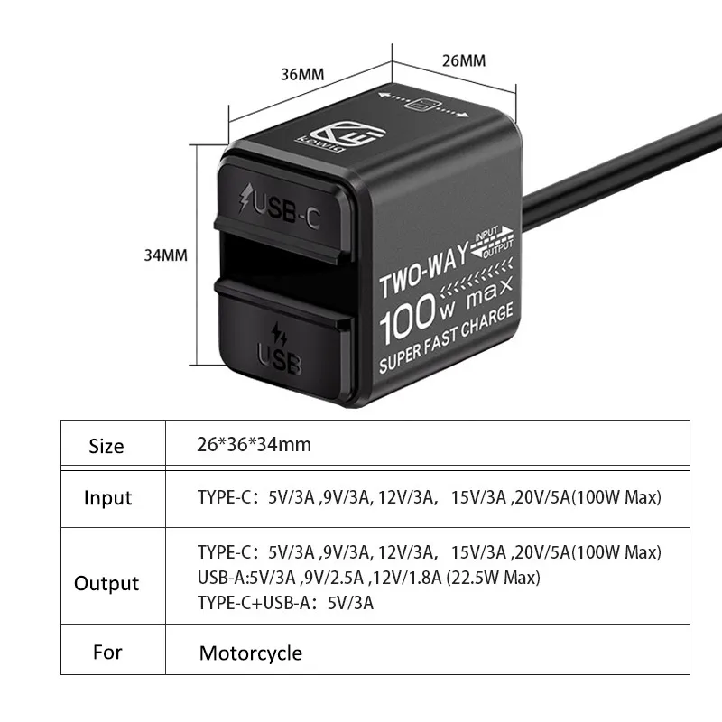 Motorcycle Battery Charger Two-Way 100W Super Fast Emergency Charging LED Display Dual Port USB A + Type C For Phone 5-16V Motor