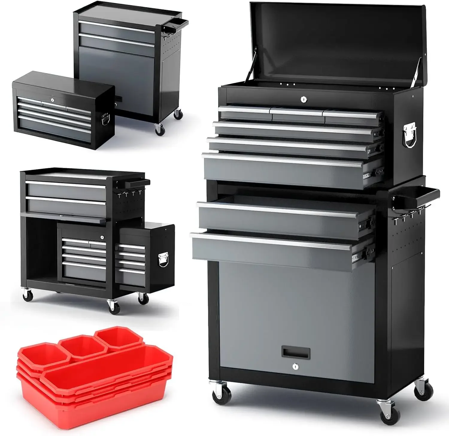 Tool Chest 8-Drawer | 42'' Large Rolling Tool Chest with Wheels | Detachable Top Metal Tool Box | Garage Storage Cabinet for