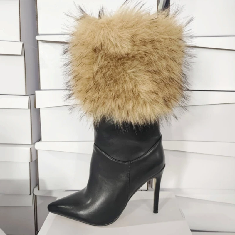 أحدث الدافئة الكاحل الفراء أشار تو منتصف العجل الأحذية جلد أسود أعلى جودة الانزلاق على النساء خنجر عالية الكعب الأحذية حجم كبير 47