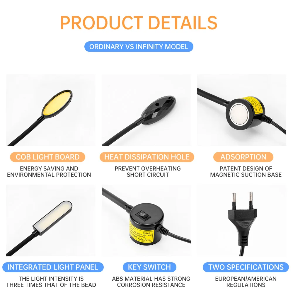 6W/8W จักรเย็บผ้าไฟ LED อุตสาหกรรมโคมไฟ Super Bright ทํางานพร้อมฐานแม่เหล็กสําหรับ Workbench เครื่องกลึงเจาะ