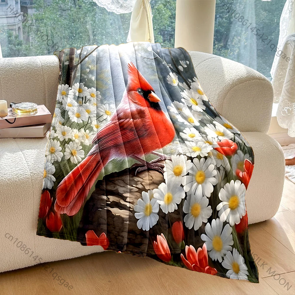 Cardinal Surrounded By Flowers Pattern Blanket Flannel Material Soft Warm for All Seasons, Home Outdoor Camping Picnics RV