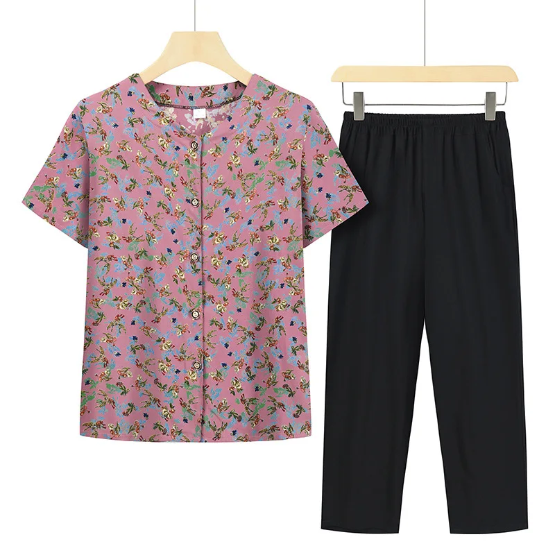 5XL Cardigan Grandma Suit Summer Pajamas Floral Short Sleeve Sleepwear Printing Women 2 Piece Set Outfit Pijama Feminino