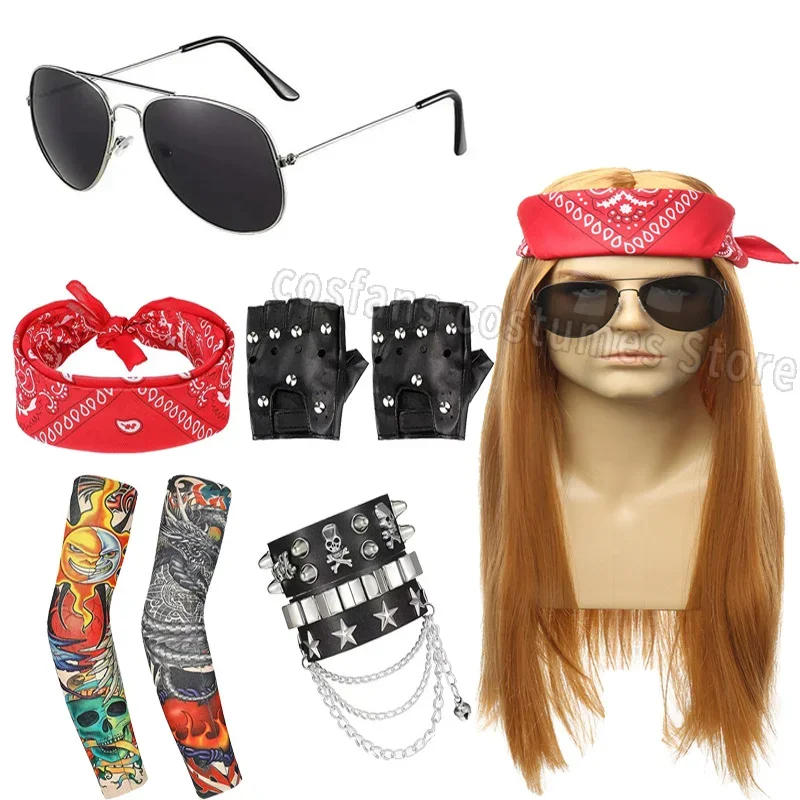 

7 Pcs 80s Rocker Synthetic Wig Long Straight Brown Hair Sunglass Headscarf Set Retro Disco Rock Hip Hop Dance Hallo Cosplay Part