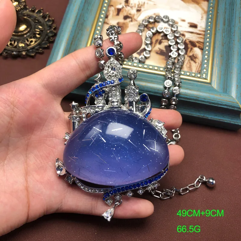 Blue Necklaces for Women Palace Style Inlaid Crystal Jewelry Fashion Elegant Vintage Collares Para Mujer Resin Castle Pendant