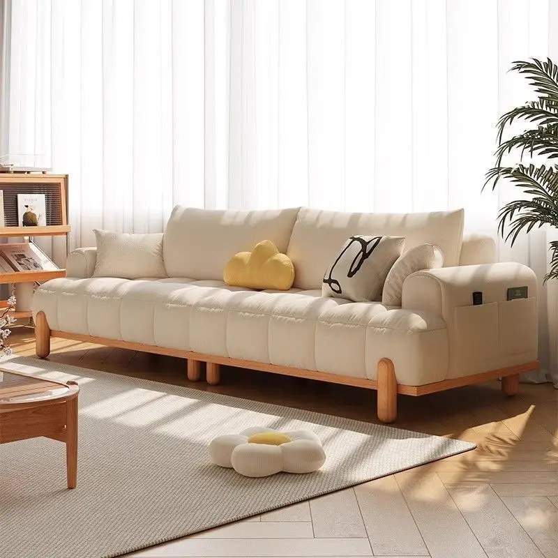 Cherry wood fabric sofa marshmallow puffs log wind small apartment living room cream cloud sofa storage