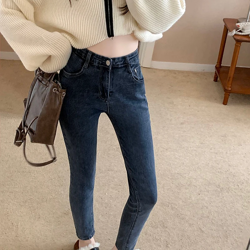 Women High Waist Korean Vintage Straight Leg Jeans Lady Slim Fit Casual Denim Pencil Pants Female Blue Oversized Skinny Trousers