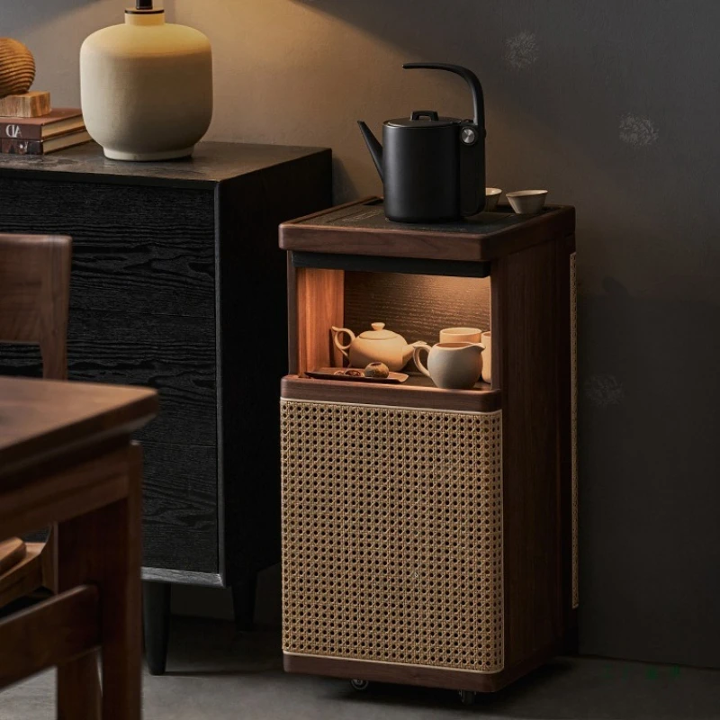 Solid wood mobile tea cabinet small living room office black walnut tea table side cabinet kettle integrated tea table