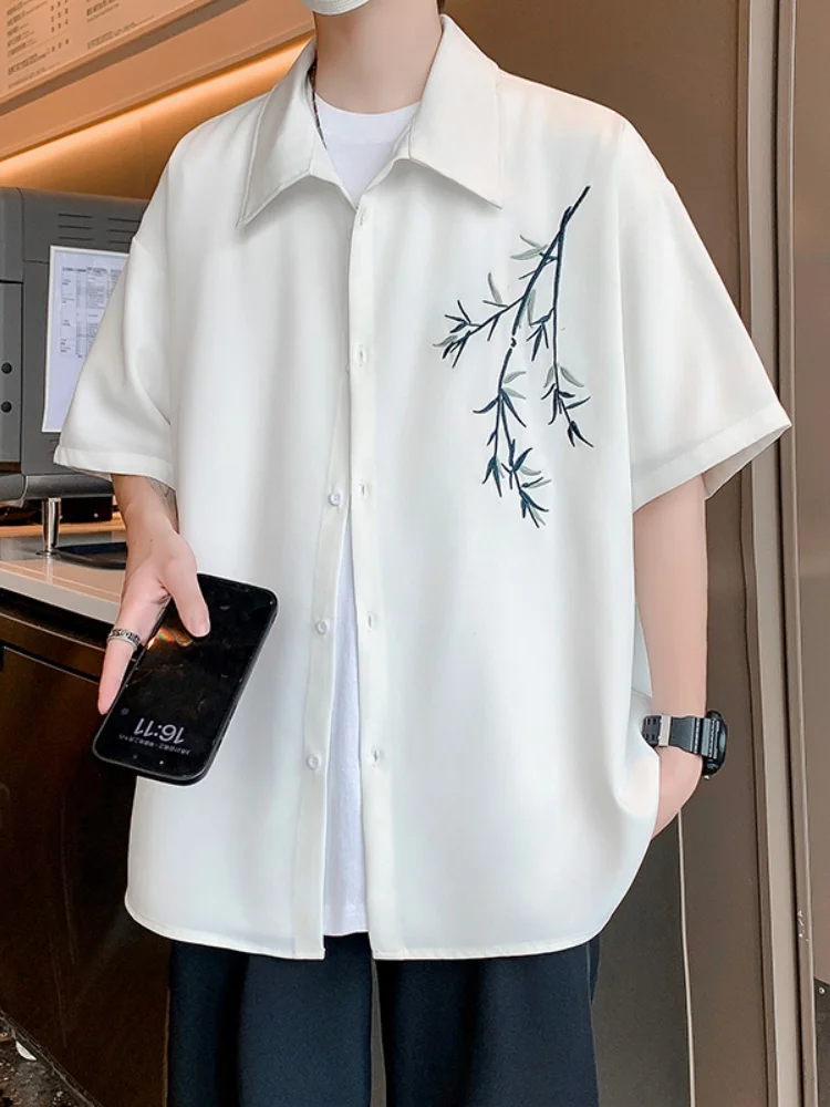 

New Chinese Style Embroidered Bamboo Ice Silk Thin Summer Shirt Men's Fashionable Short Sleeve Button down Casual Shirt