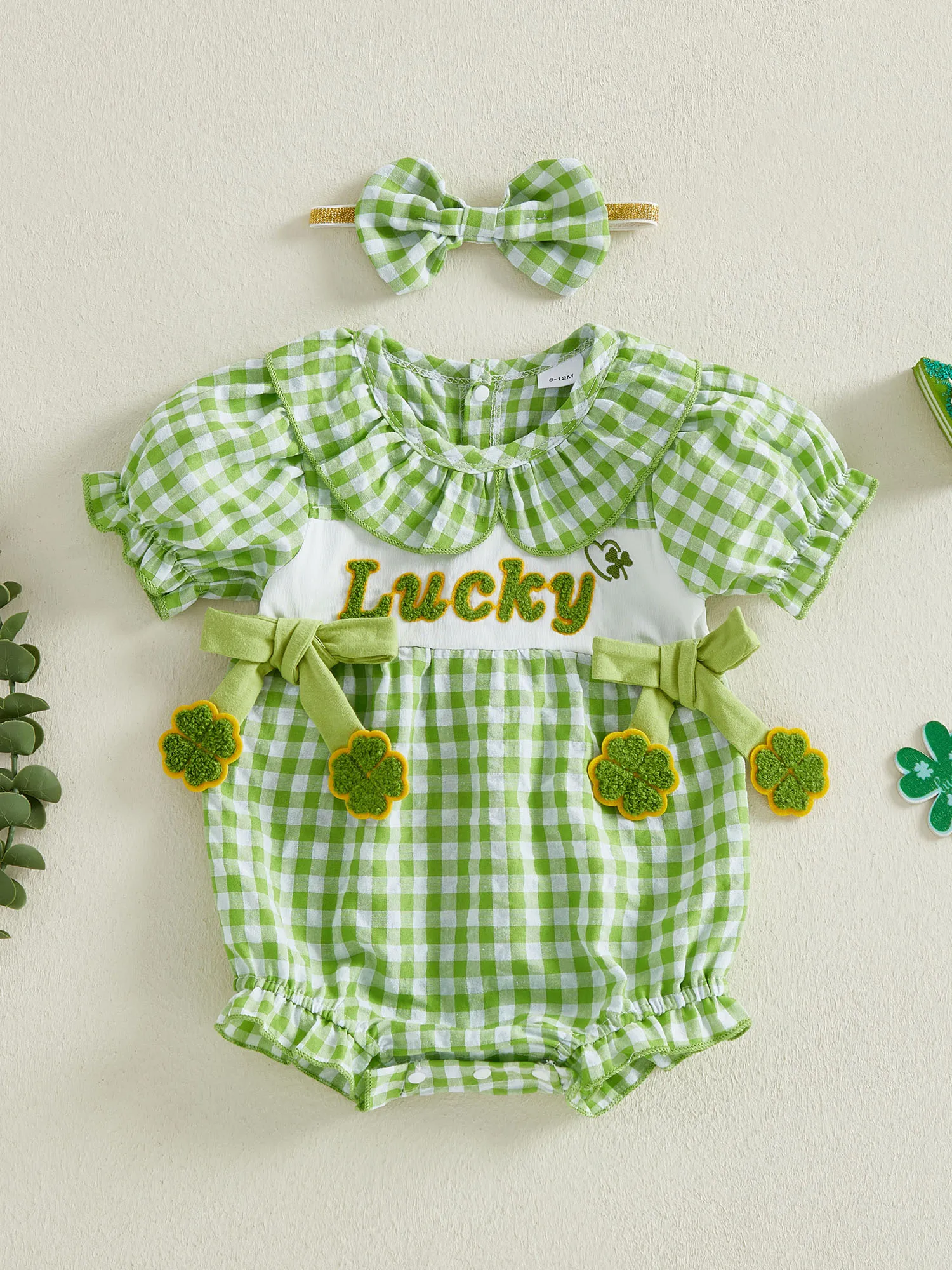 

Toddler Boys Scottish Romper Tartan Print Logo Embroidery Short Sleeve Collared Jumpsuit Matching Bow Tie Headband