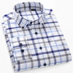 Mens 100% Cotton Oxford Long Sleeve Shirts 2024 Classic Striped Plaid Business Casual Shirt Standard Button Down Workwear Shirts