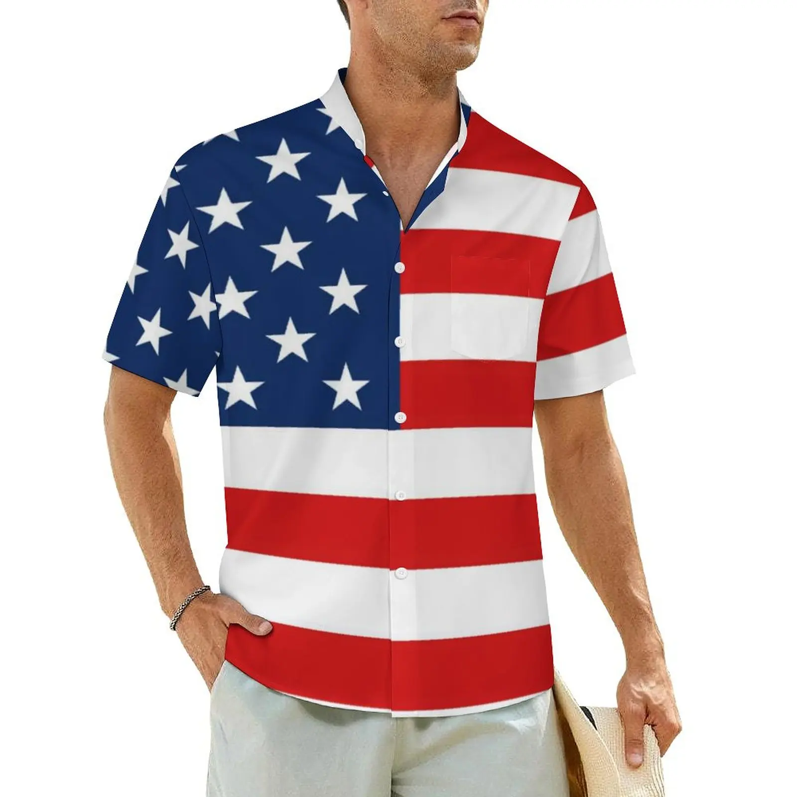 

American Flag Casual Shirt 4th of July Blue Red Stripe Elegant Summer Shirts Man Short Sleeves Vacation Design Plus Size Blouses