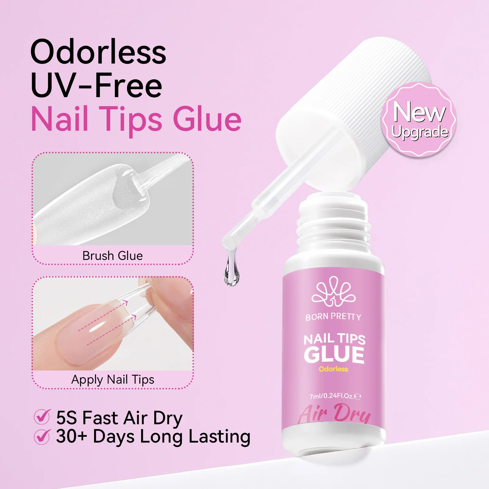 BORN PRETTY 7ml Nail Tips Glue 20ml Nail Glue Remover For False Nail 5S Fast Air Dry Odorless Formula Acetone-Free Easily Remove