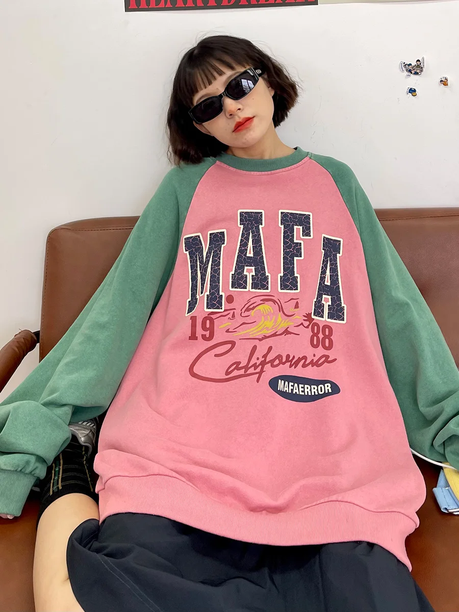 

Contrast Raglan Sleeves Round Neck Sweatshirts for Women 2023 Autumn New Loose Blouse American Retro Fashion Top Hoodies