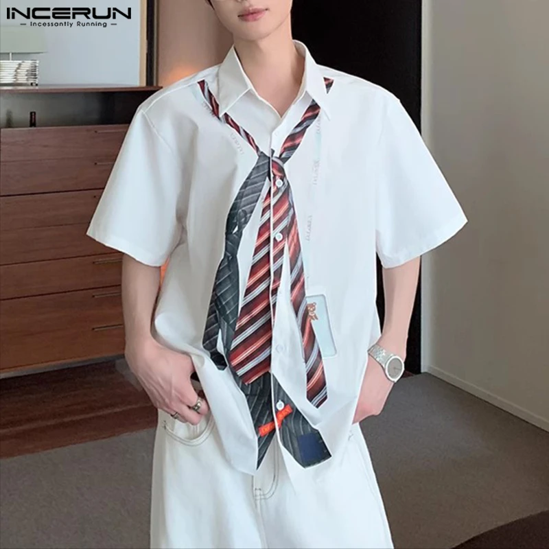 INCERUN 男性シャツストライプパッチワークラペル半袖男性服ストリートルーズ夏韓国スタイルファッションカジュアルシャツ